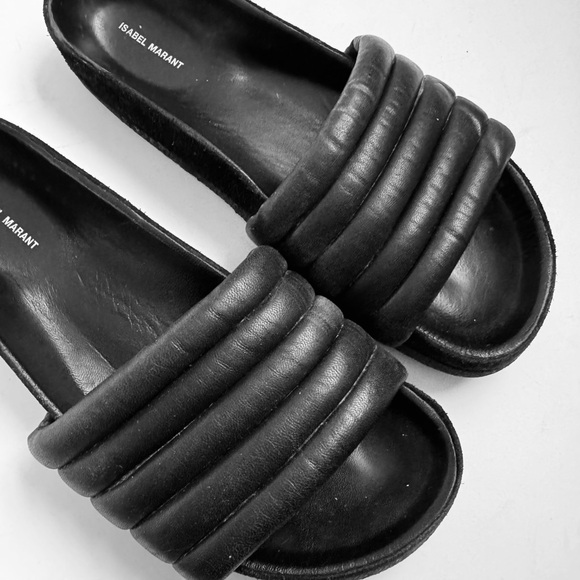Isabel Marant Black Leather and Suede Hellea Slide Sandals Size 7 - Picture 2 of 5